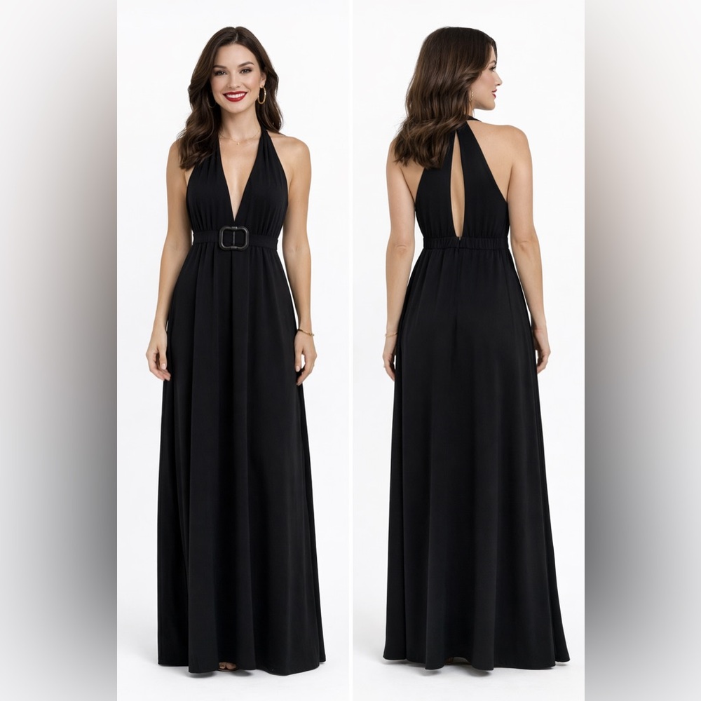 Eva Franco Anthropology Halter Empire Thick Maxi Gown Keyhole Back Vamp Dress 4